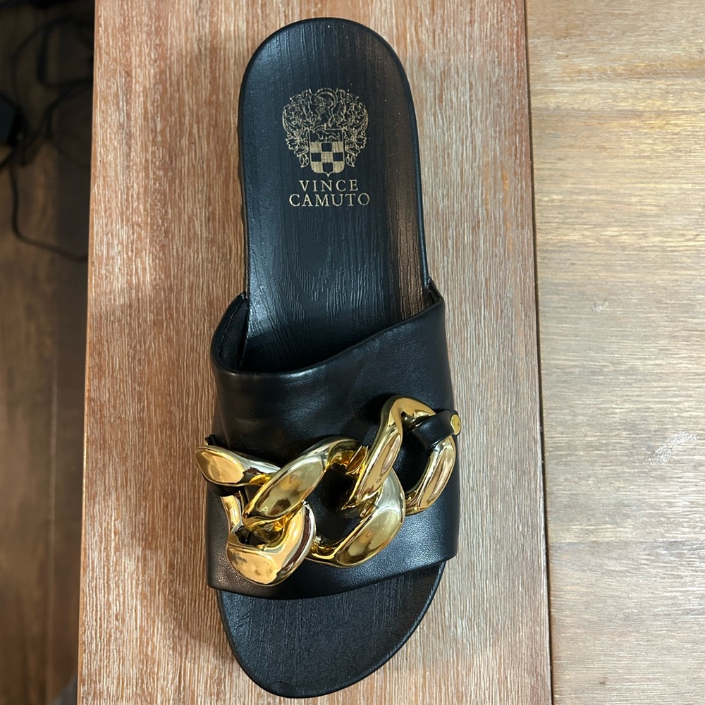 Vince Camuto Black Slide Sandal with Gold Chain